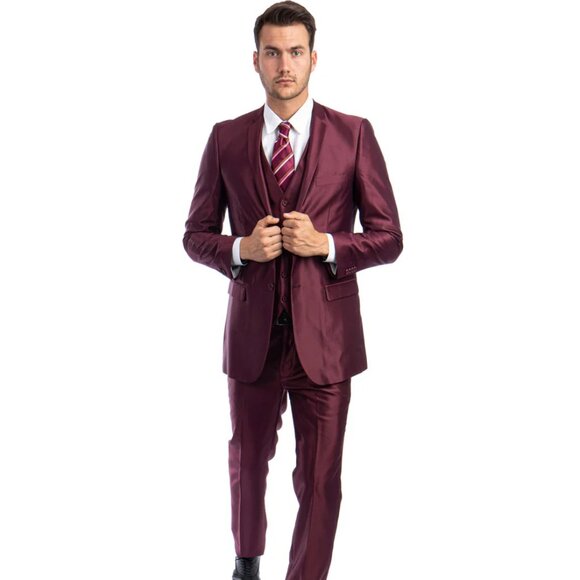 Mens Tazio Vested Slim Fit Shiny Sharkskin Suit in Burgundy - Picture 1 of 2